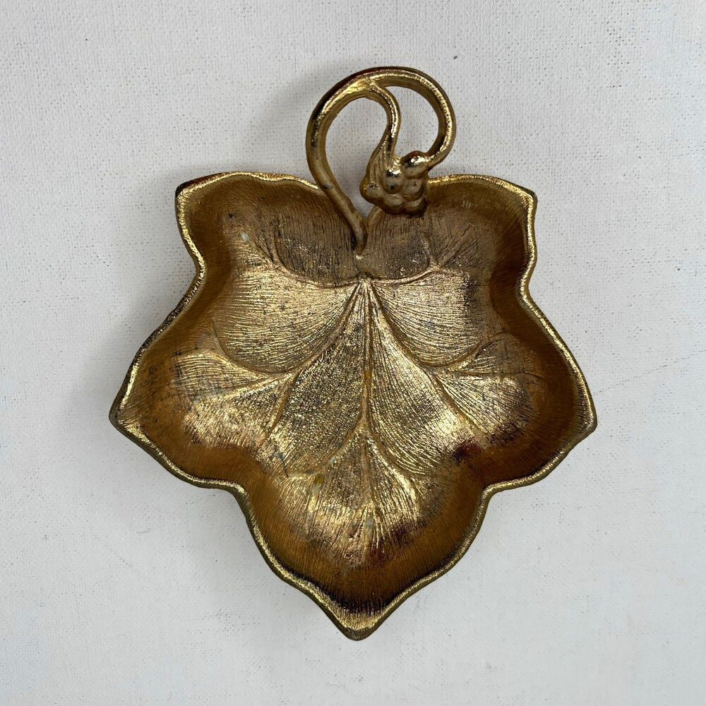 Vintage Gold Tone Leaf Dish Tray Cast Metal Botanical Trinket Candy Nut Bowl